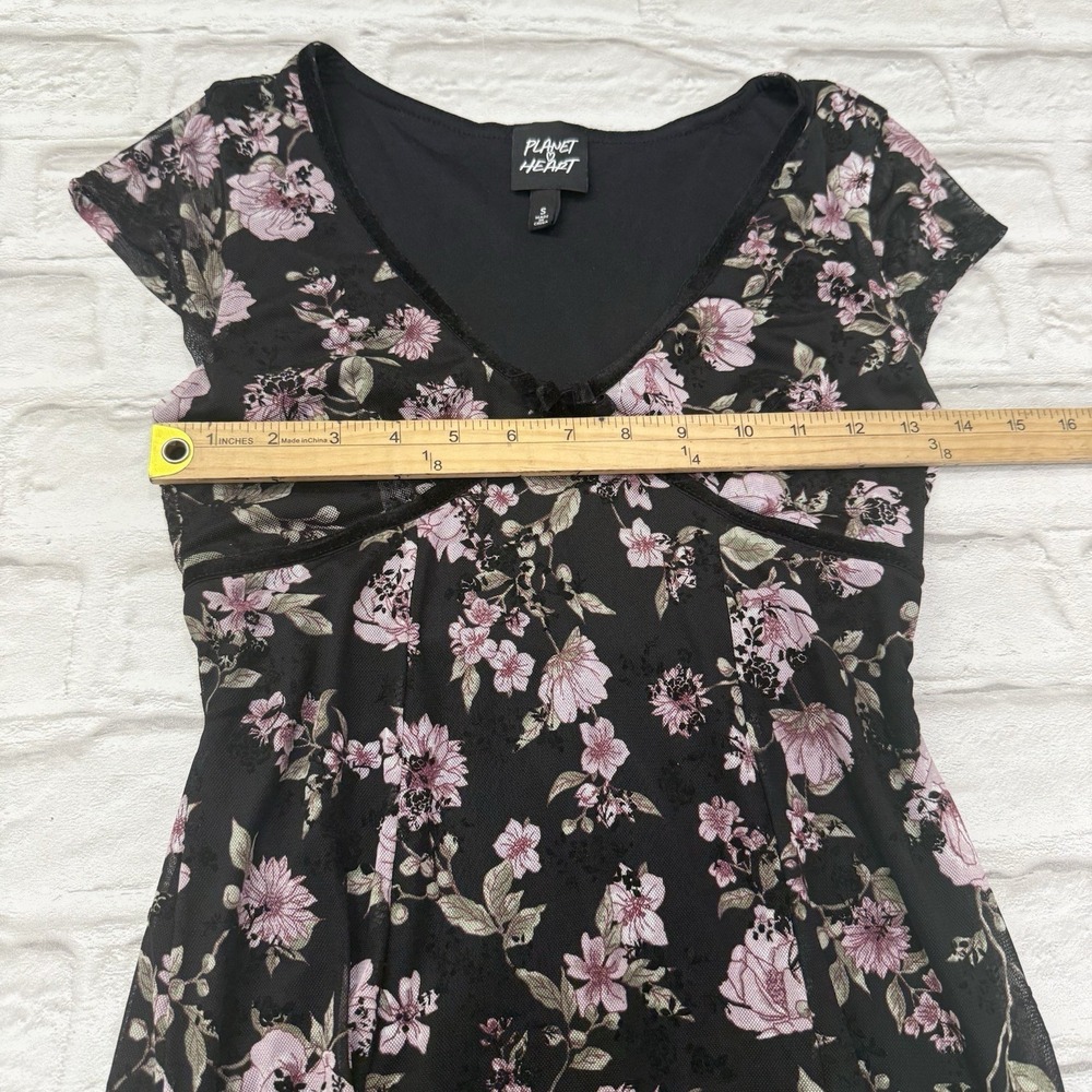 Planet Heart Y2K Black Floral Babydoll Slip Dress Sz Small Romantic Velvet Trim - Picture 12 of 15